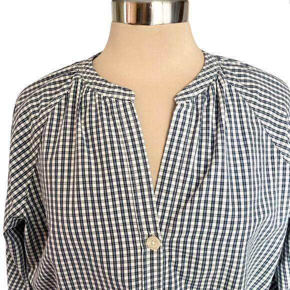 Free Assembly Gingham Plaid Navy White Button Up Shirt LRG Peasant Casual Spring - Picture 2 of 9